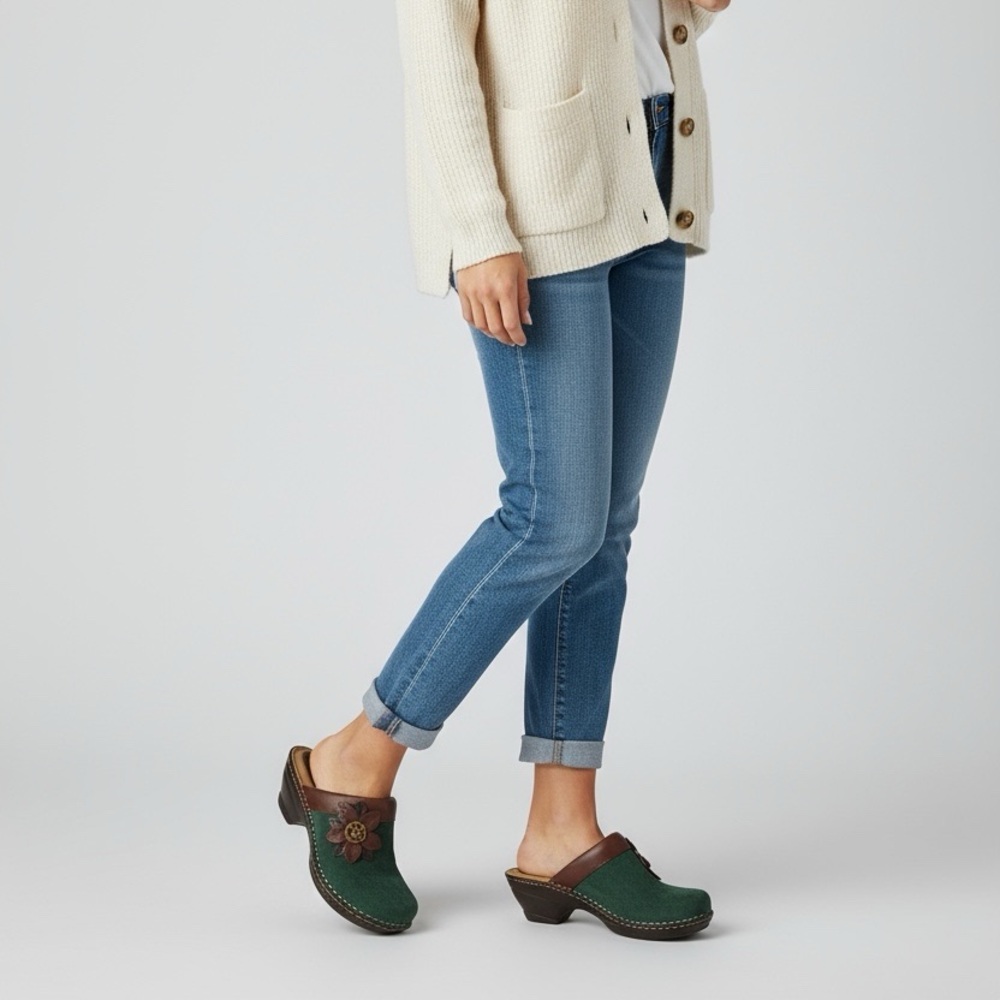-Softspots Lara Clogs Womens Size 9.5W Green Suede Leather Comfort Boho Coastal